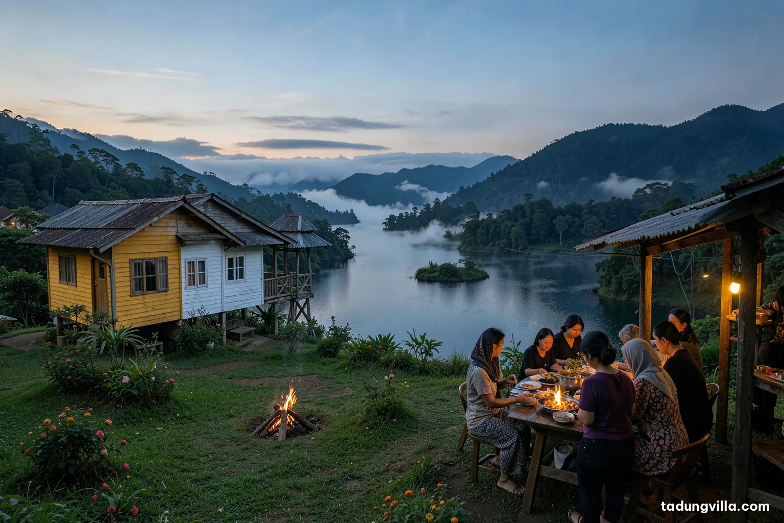 Evening view of a simple roadside eatery in a highland village with warm lights, a family seen from behind sharing hotpot at a long table, dark hills and mist beyond