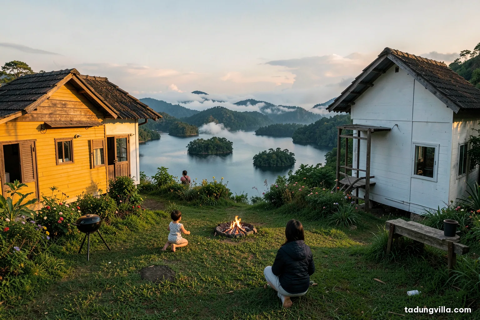 Gentle wide shot of a toddler playing on grass with a parent kneeling nearby, a charcoal grill fenced off by a wooden bench in the background, soft golden hour