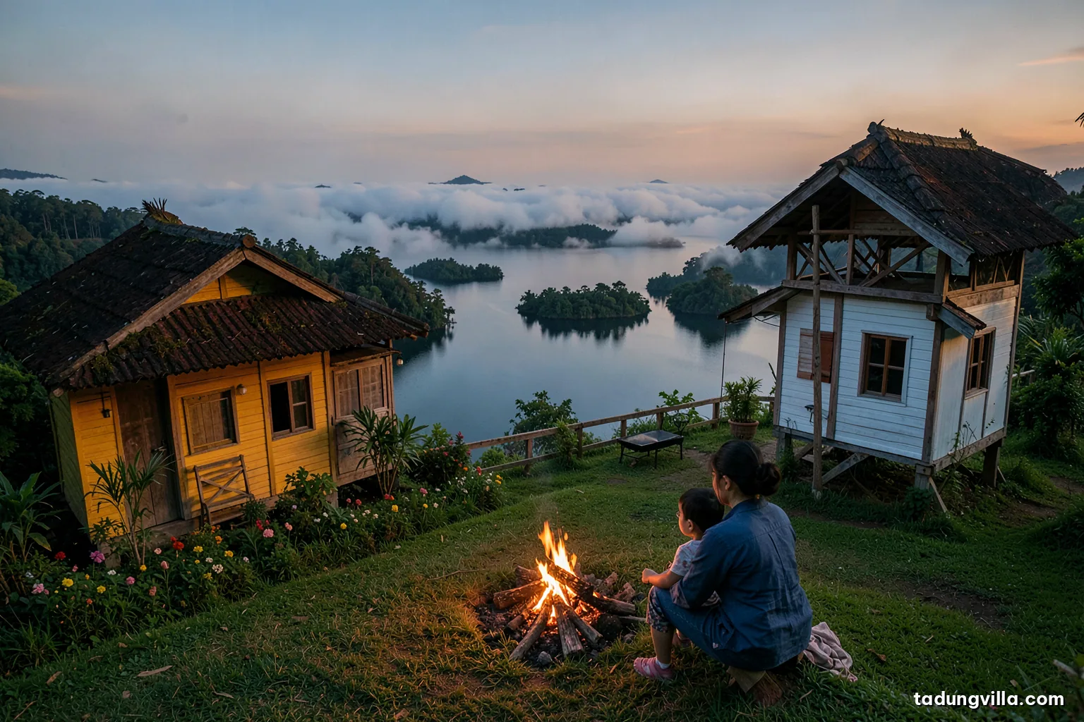 Parent kneeling beside a small child on a hilltop lawn at dusk, both watching a low campfire from a safe distance, wooden railing and calm reservoir behind, warm orange light
