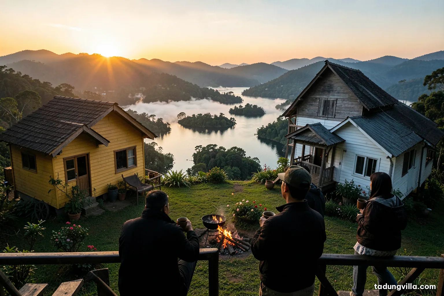 Golden sunrise breaking over layered hills and a calm reservoir dotted with islets, two silhouetted adults holding mugs at a wooden railing in the foreground, warm low backlight