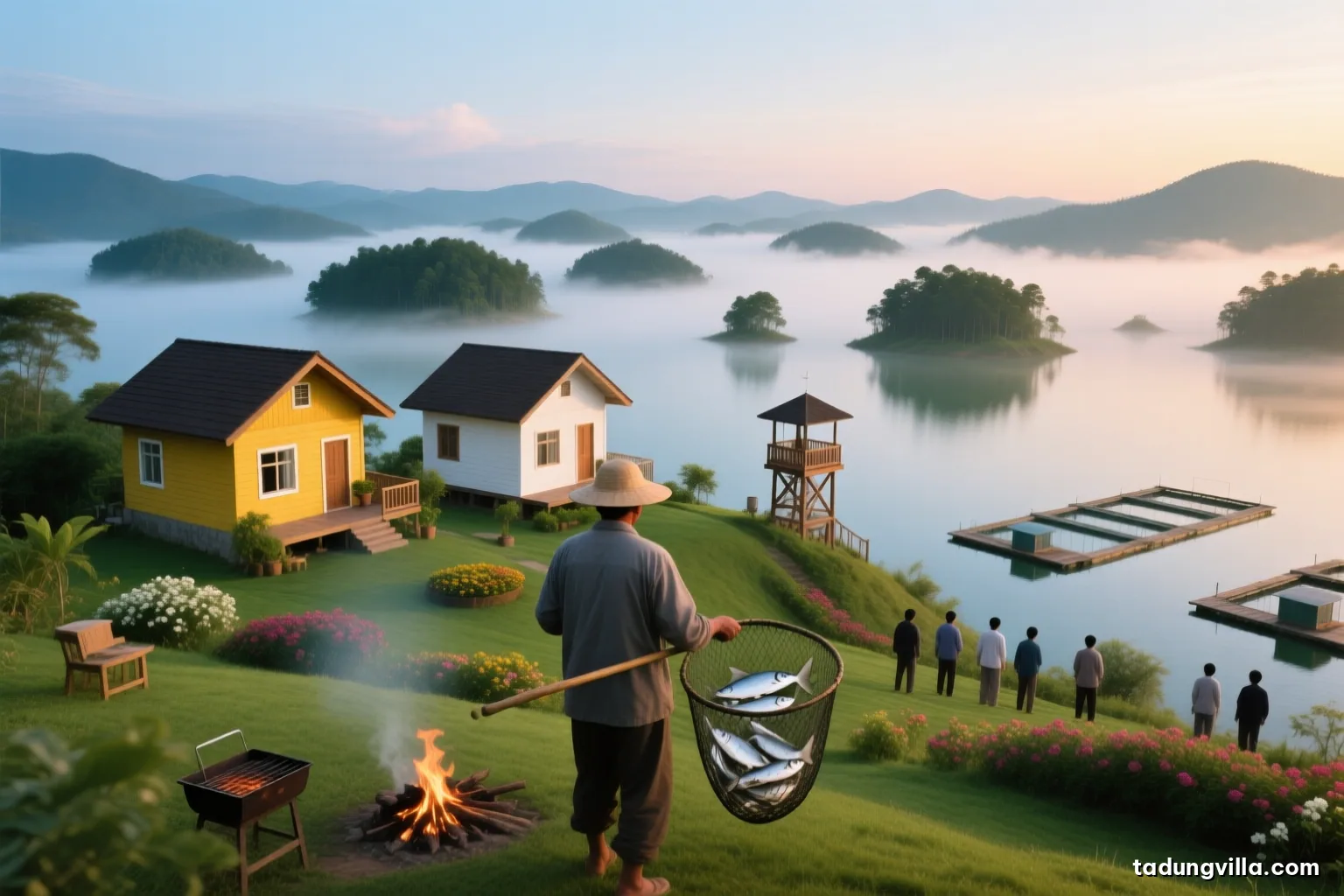 Early morning at a floating fish farm on a misty reservoir, a fisherman seen from behind lifting a net with silver fish, small forested islands and soft pastel light