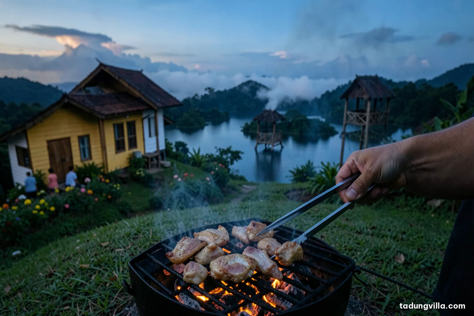 Macro shot of chicken pieces and pork belly sizzling on a charcoal grill grate, glowing embers below, a hand turning meat with long tongs, smoky blue dusk background