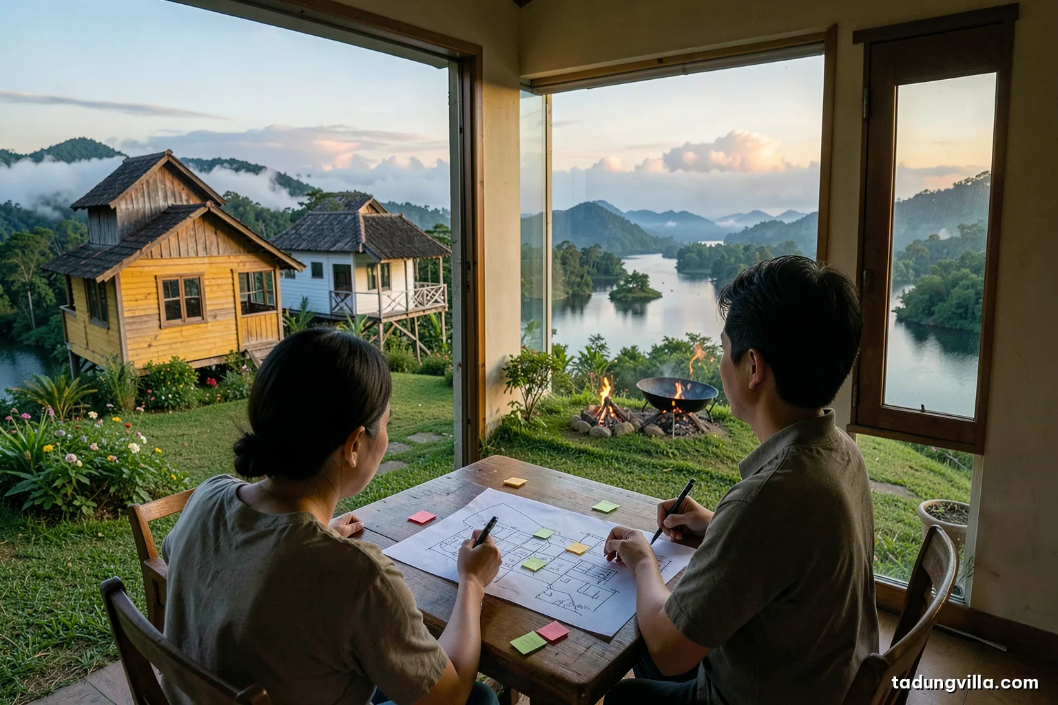 Over-the-shoulder view of two adults at a wooden dining table inside a bright villa, sketching a plan on blank paper with sticky notes, window showing a lake and green islets