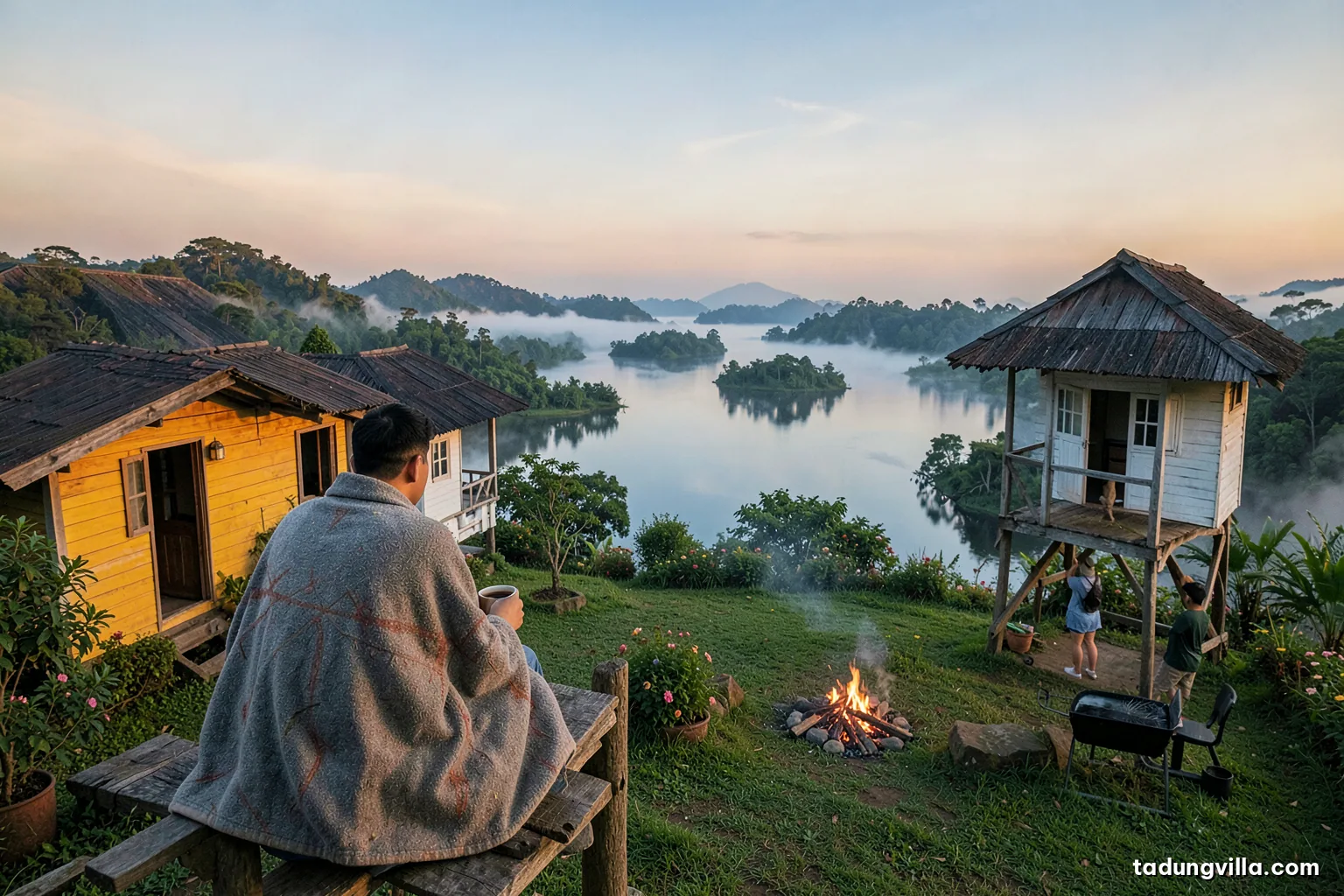 Couple seen from behind sitting close on a wooden viewing tower at sunrise, wrapped in one blanket, holding coffee mugs, fog flowing over a lake dotted with green islets
