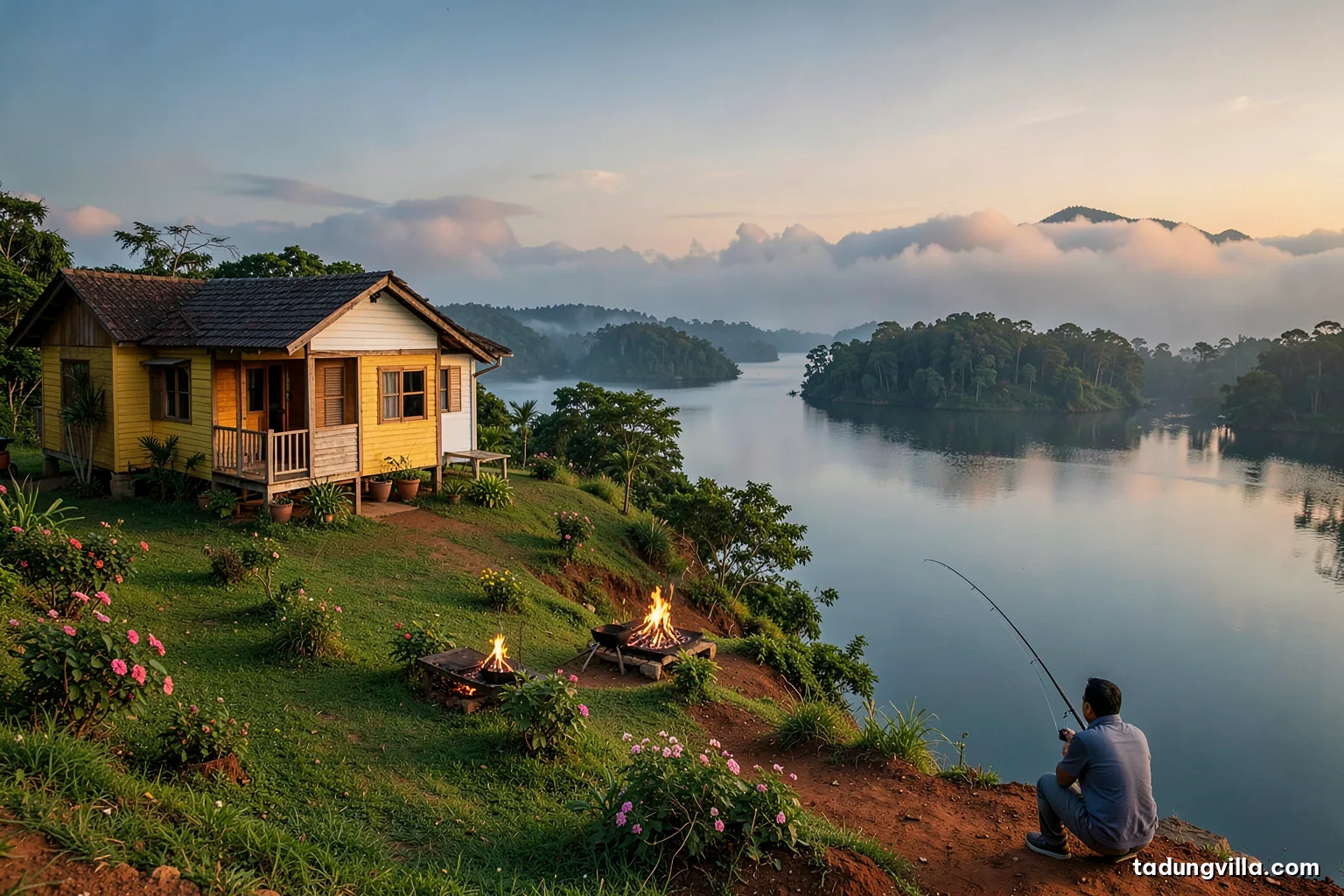 A lone angler sits on a red-earth slope at the edge of a calm reservoir at sunrise, rod bent over the water, forested islets fading into haze