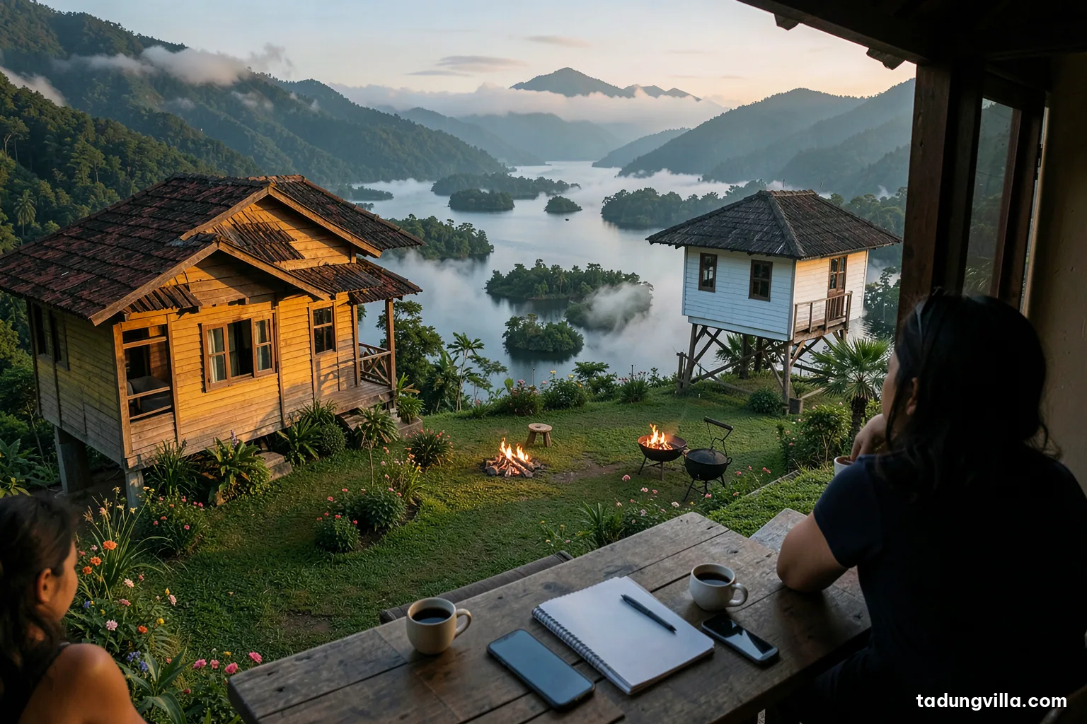 Overhead view of a wooden table on a villa porch with coffee cups, a blank notebook, a pen and a smartphone with a blank screen, misty green hills and lake beyond