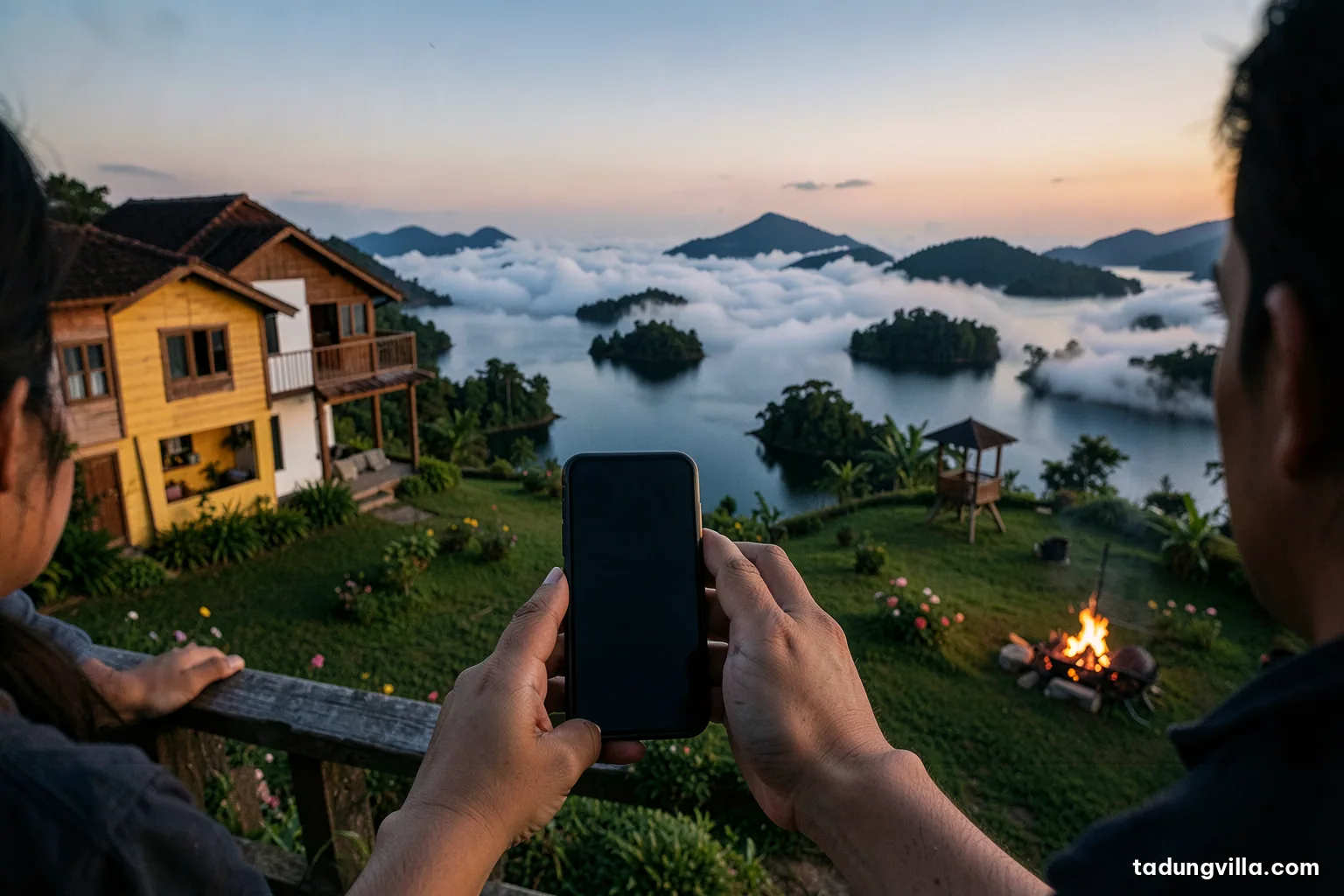 Over-the-shoulder view of hands holding a smartphone on a wooden railing at sunrise, framing a sea of clouds and dark islets on a reservoir, the phone display blank and dark