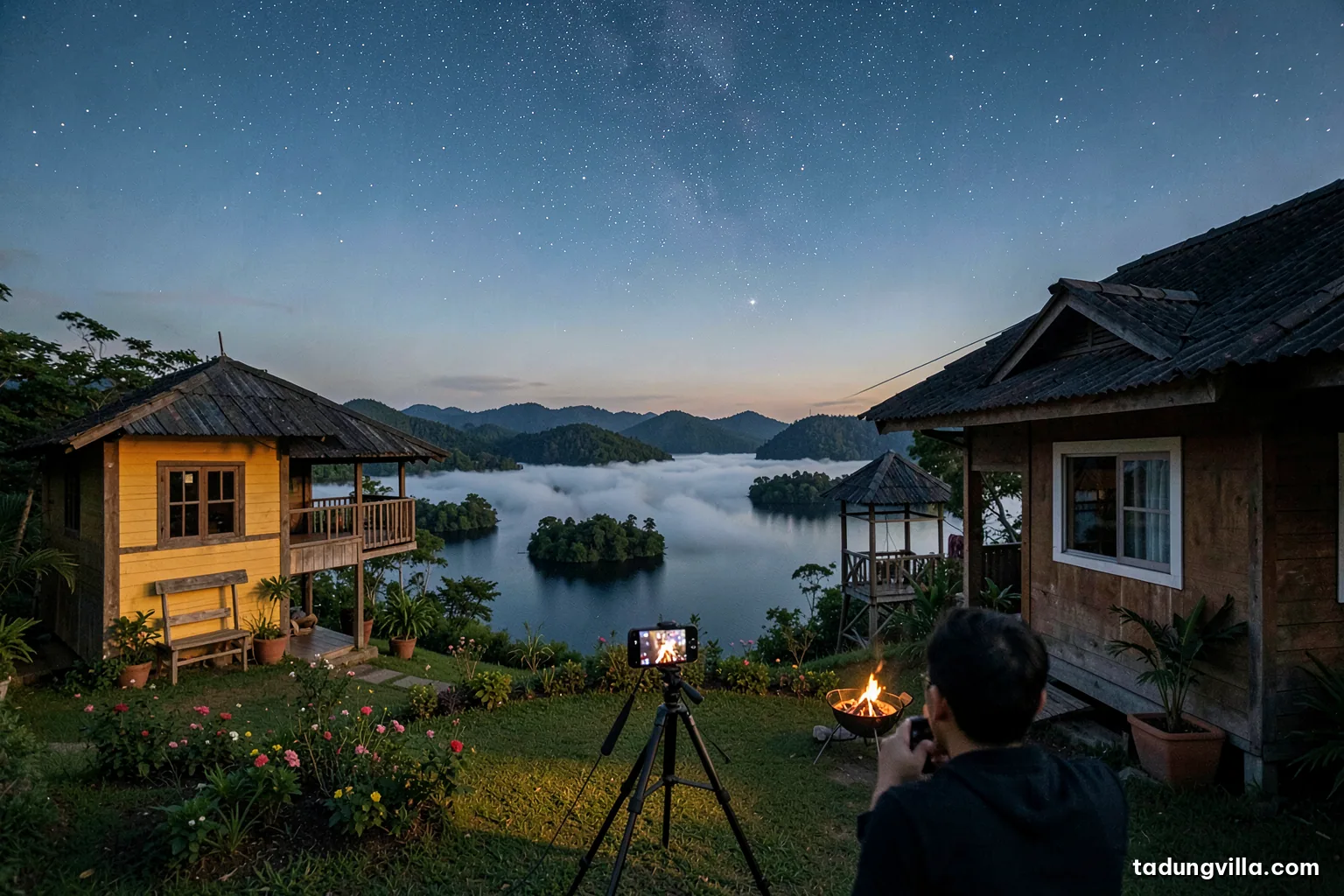 Smartphone on a small tripod pointed at a starry night sky above the dark roofline of a wooden villa and a lake, photographer seen from behind, faint glow on horizon