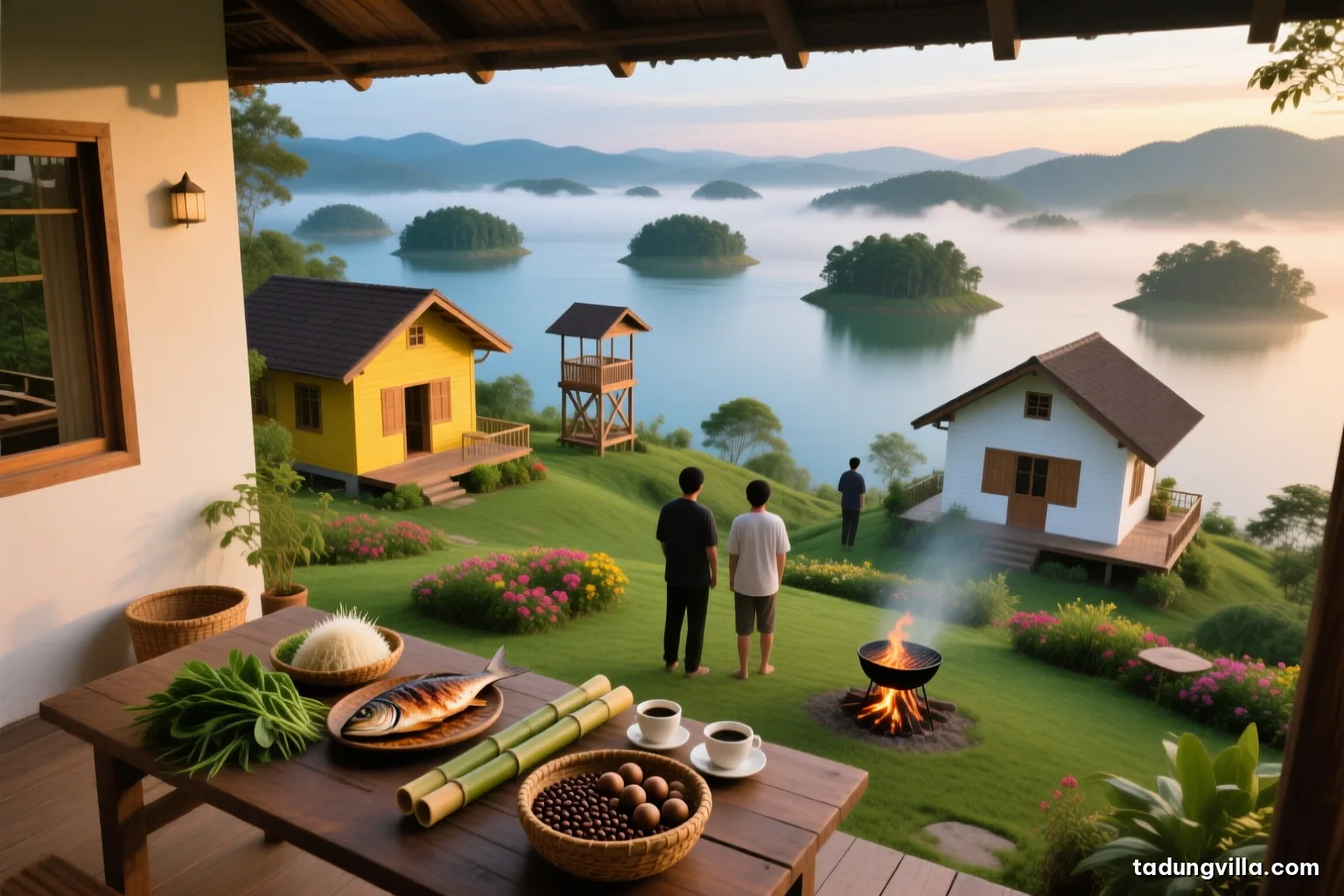 Overhead shot of a rustic wooden table on a villa porch with grilled fish, bamboo-tube rice, wild greens, coffee beans and macadamia nuts in woven baskets, misty lake behind
