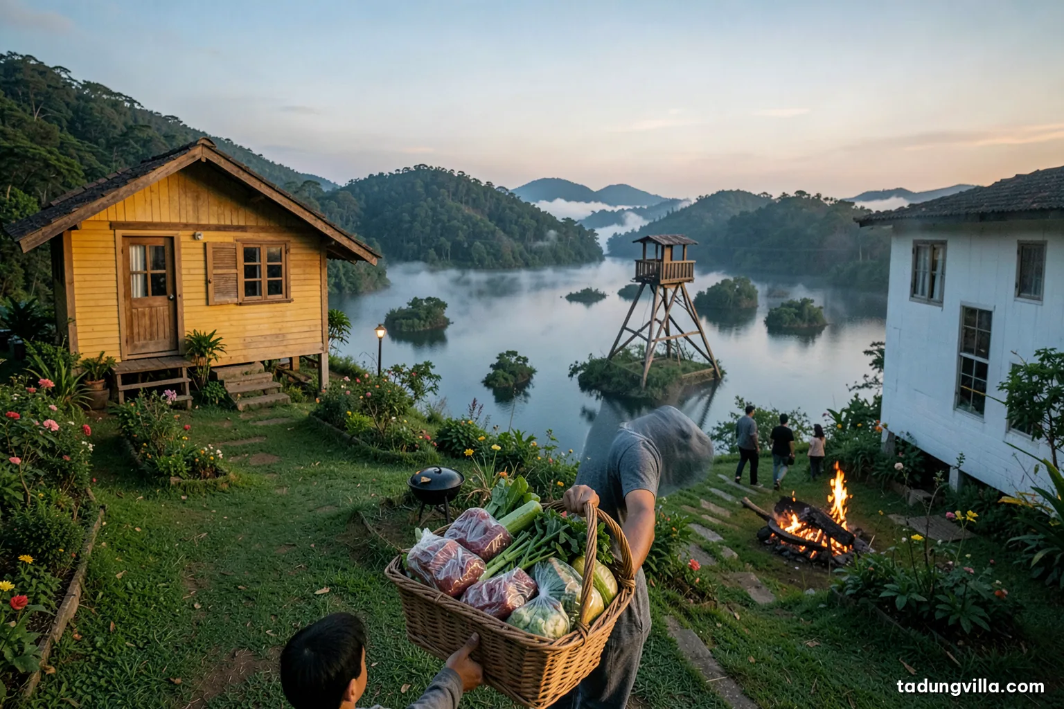 Over-the-shoulder shot of a host carrying a woven basket of fresh vegetables and wrapped meat up garden steps toward a white wooden villa, morning mist over the lake
