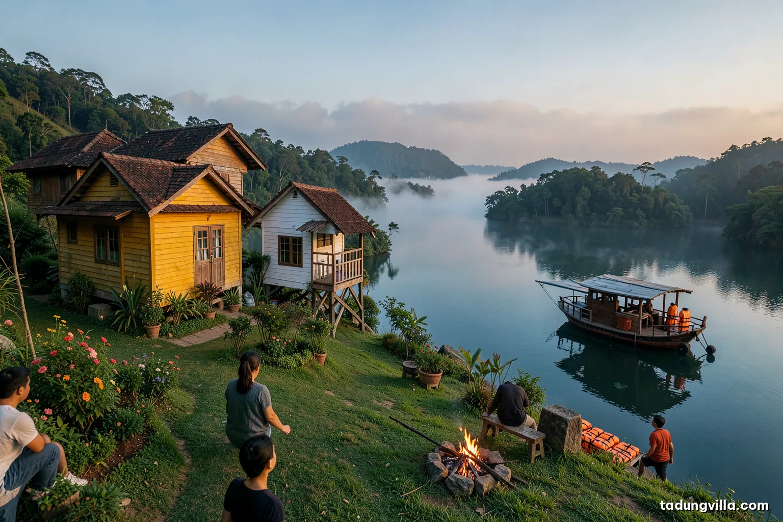 Small wooden passenger boat moored at a simple floating dock on a calm reservoir at dawn, orange life jackets stacked on a bench, forested islets in mist
