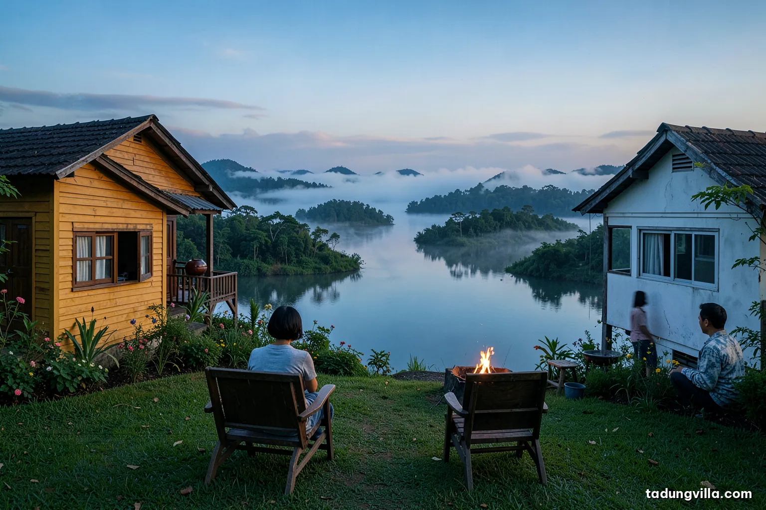 Quiet weekday morning on a hilltop lawn, empty wooden chairs facing a calm reservoir with forested islets, thin mist over the water, cool blue light