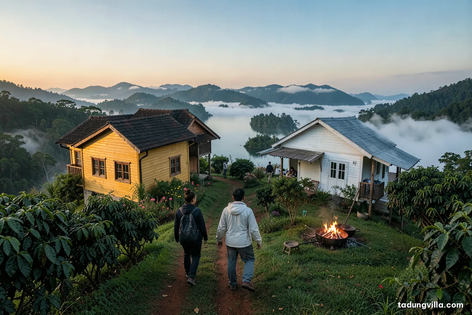 Two hikers in light jackets walk down a red dirt path between coffee bushes at first light, valley below filled with white fog, seen from behind