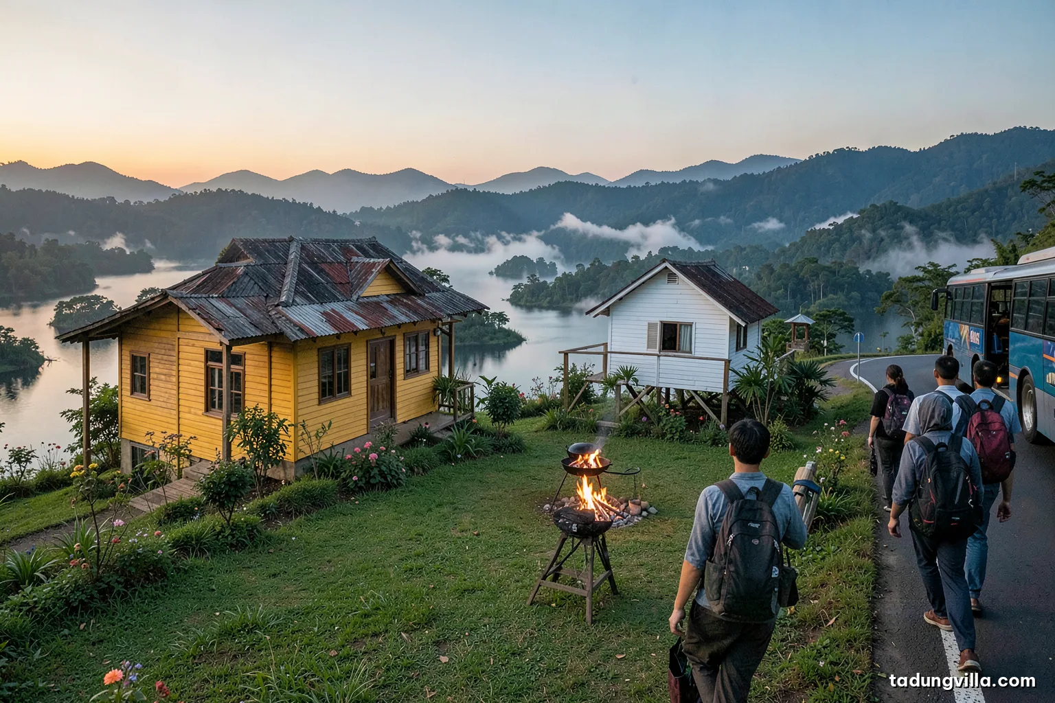 Passengers with backpacks stepping off a long-distance sleeper bus at a quiet roadside stop on a highland highway at dawn, coffee hills behind, mist, seen from behind
