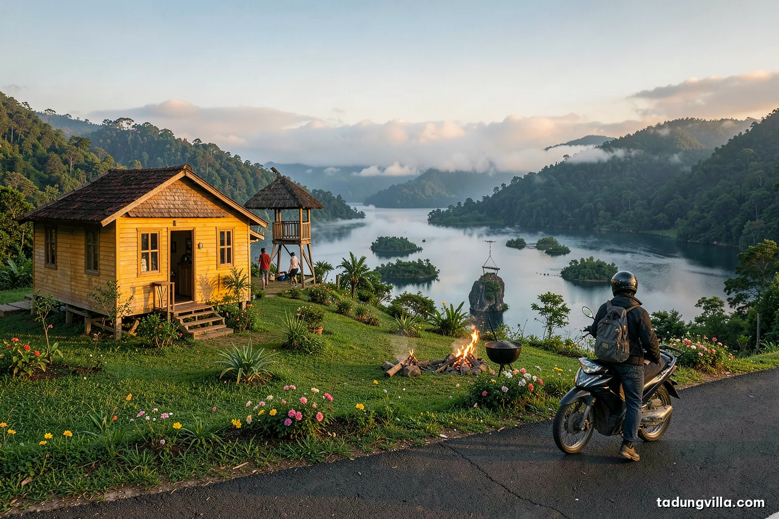 Two riders on a motorbike with a small backpack strapped on, stopped at a wide roadside shoulder overlooking misty forested hills in the Central Highlands, helmets on, morning light