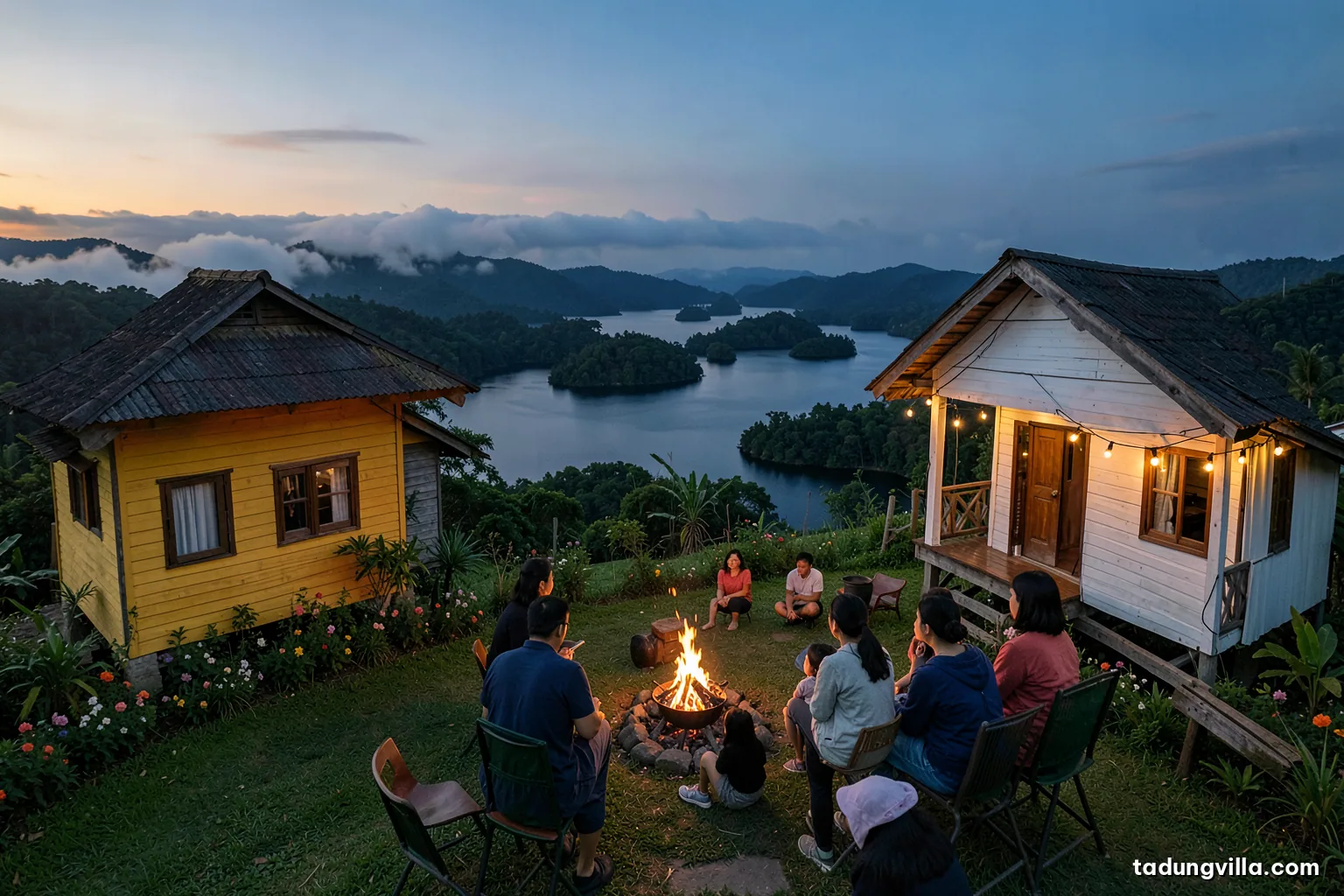 Evening on a hilltop lawn during a holiday gathering, extended family seen from behind around a glowing grill, string lights on a wooden villa porch, dark reservoir and islets beyond