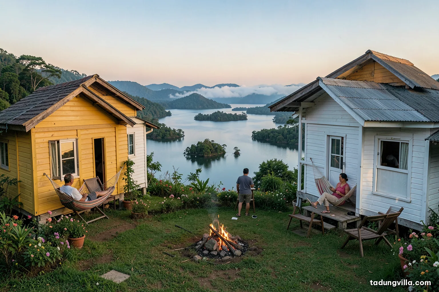 Quiet weekday afternoon at a white wooden villa on a hill, one adult reading in a hammock on the porch, empty lawn chairs, wide calm reservoir and islets beyond