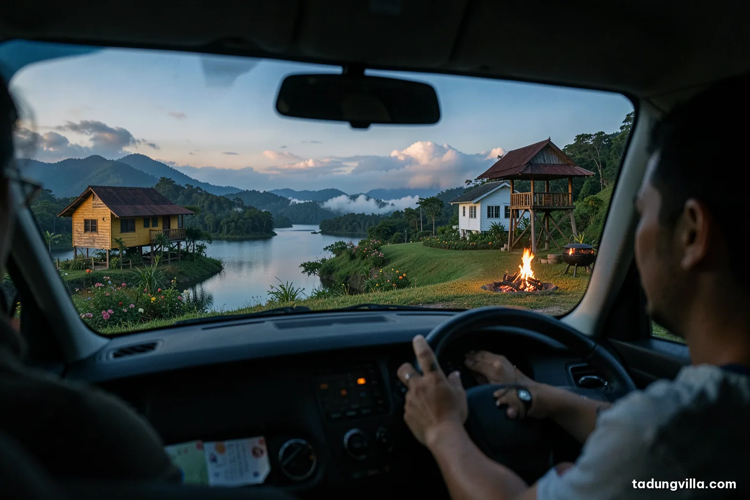Over-the-shoulder view inside a car at early dawn, driver hands on the wheel, empty highway ahead fading into blue hills, a child asleep in the back seat, soft light