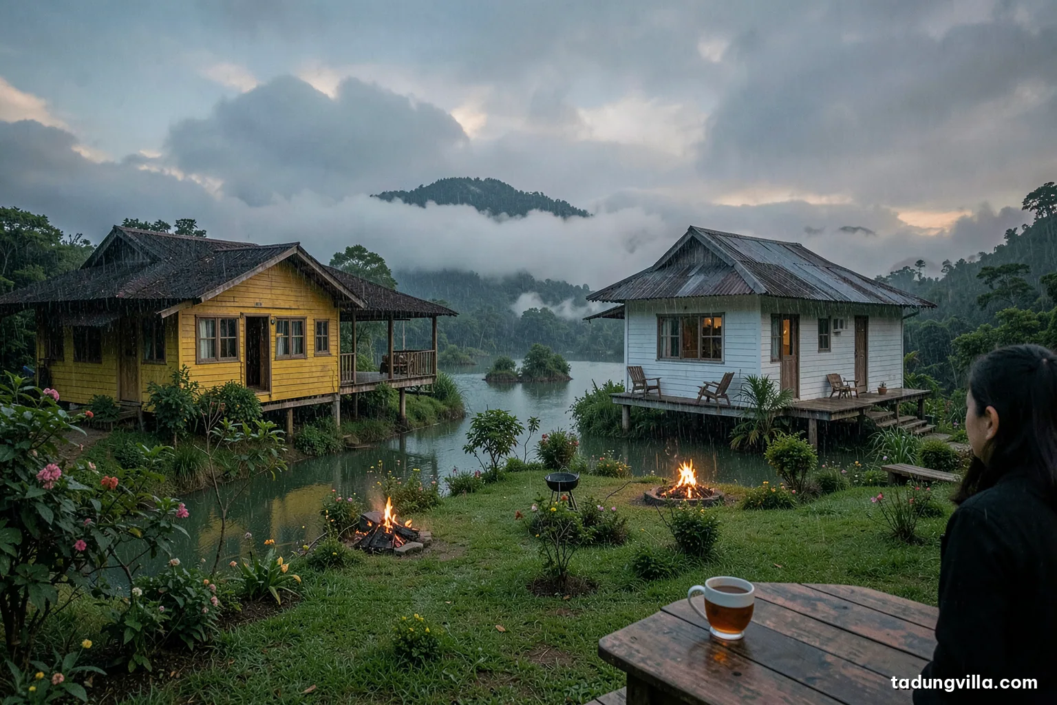A wooden villa veranda on a misty afternoon, rain falling on the garden, clouds drifting across a green reservoir below, a cup of tea on a wooden table, muted green and grey tones