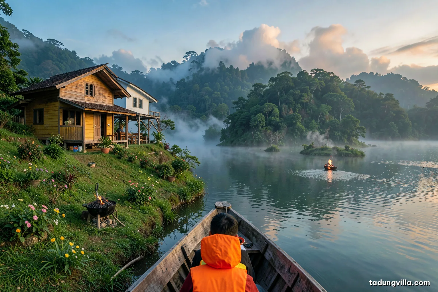 Low angle from the bow of a wooden boat gliding past a steep forested islet on a misty reservoir, passengers in orange life jackets seen from behind