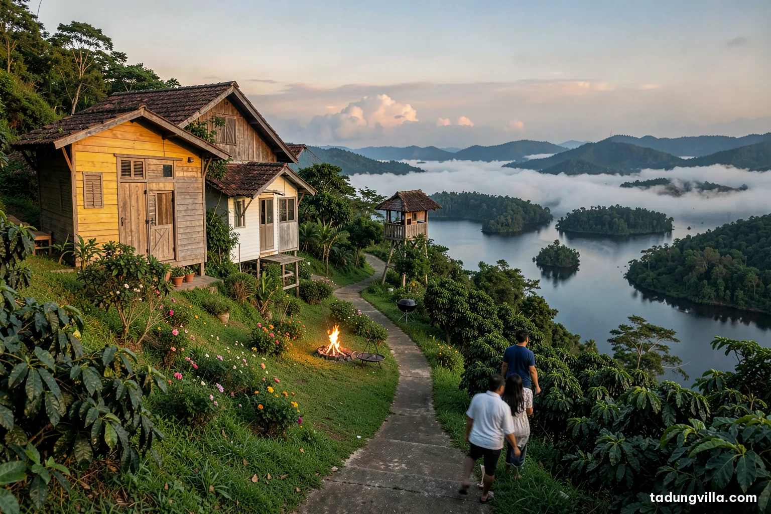 Narrow concrete village lane climbing a steep green hill among coffee bushes toward wooden cottages, the Ta Dung lake glimpsed below, car seen from behind, late afternoon