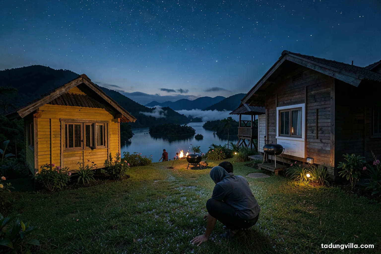 Adult crouching on a dewy lawn at night beside a wooden villa, touching wet grass with one hand, clear starry sky above dark hills and a faint lake, quiet blue mood