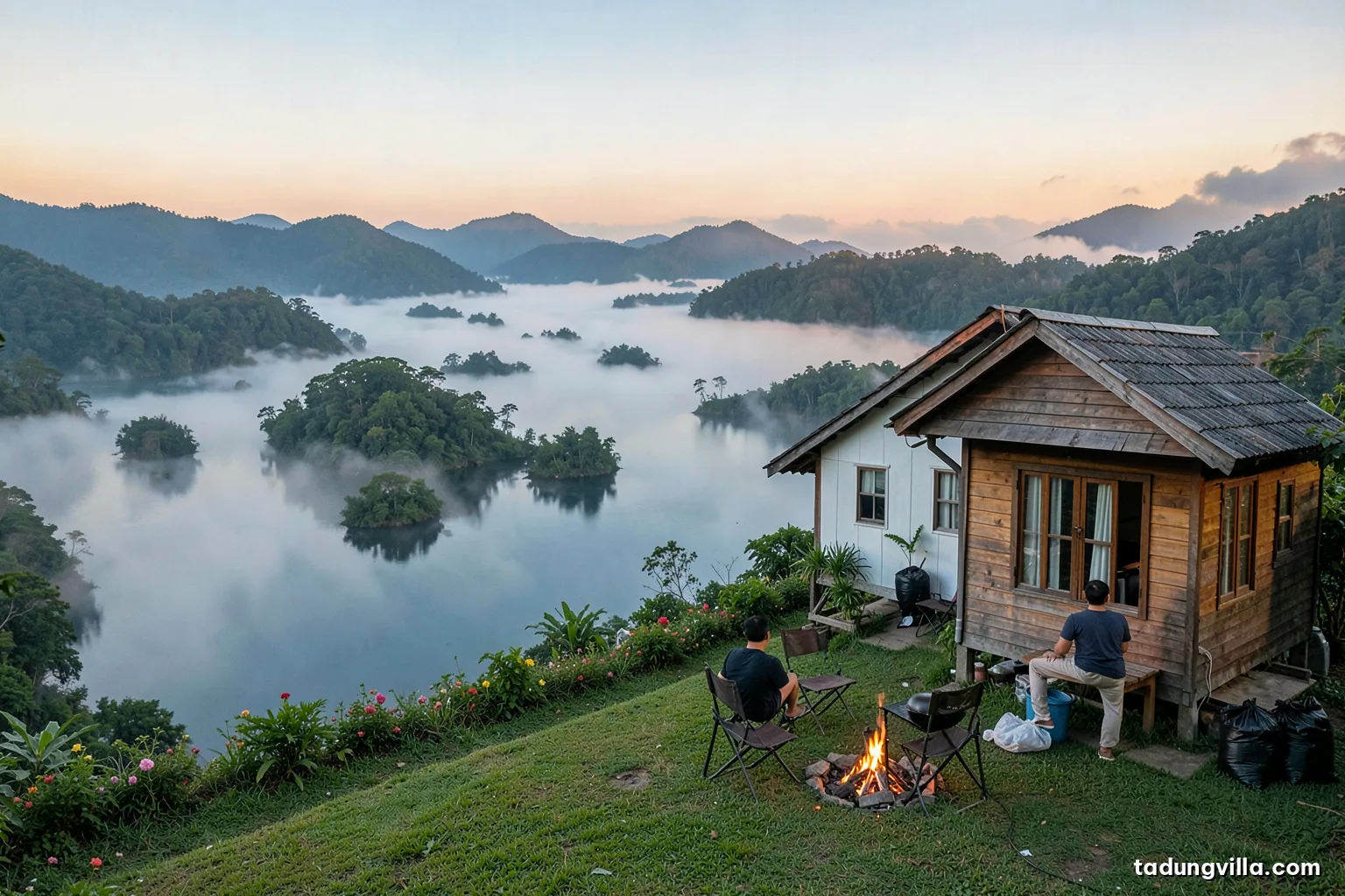 Early morning view of a tidy hilltop lawn with folded chairs, a covered grill and tied garbage bags near a wooden villa, soft fog lifting off the lake below