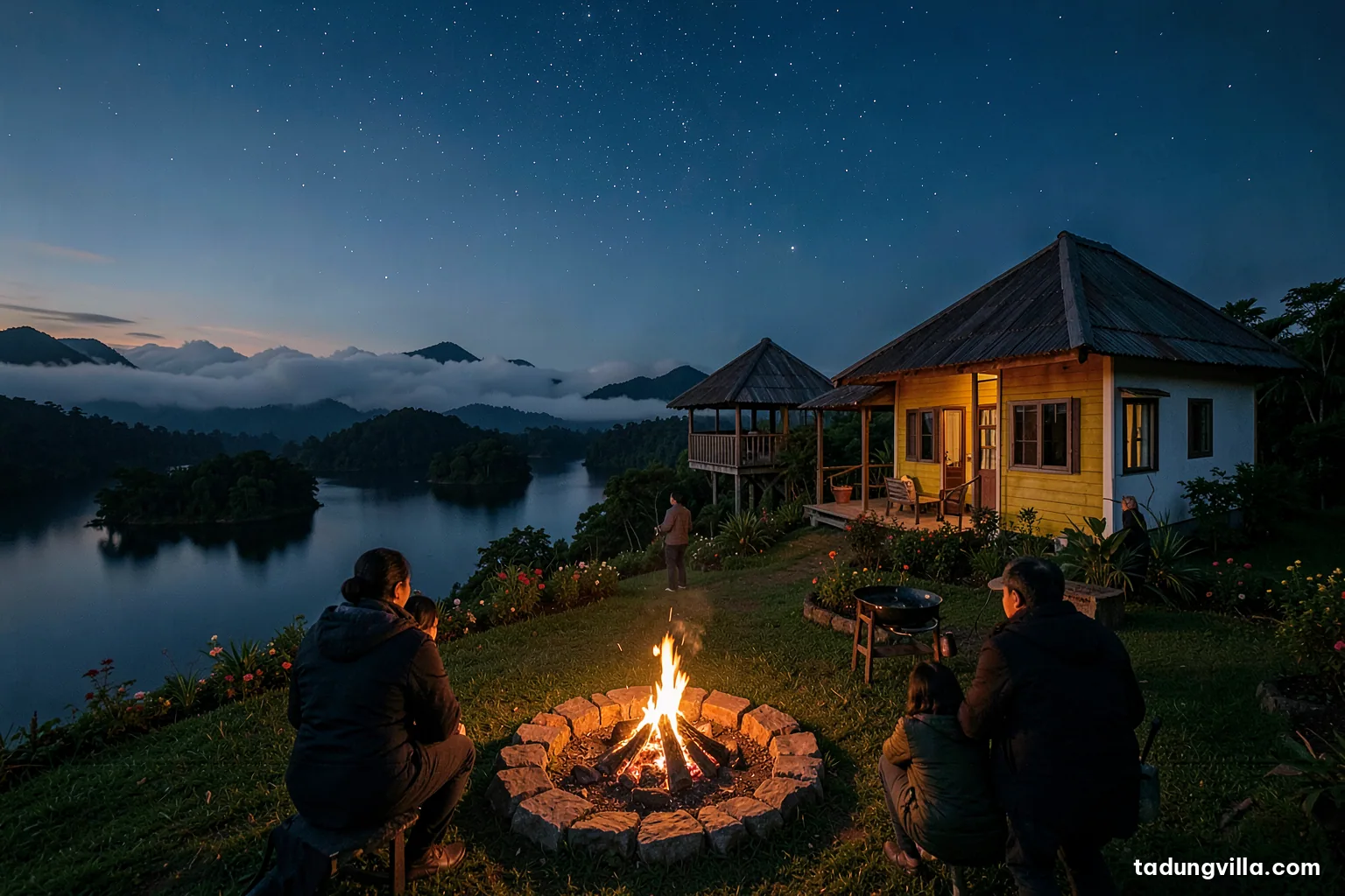 Low angle night view of a small contained campfire in a stone ring on a hilltop lawn, people in jackets seen from behind, a starry sky and dark lake below