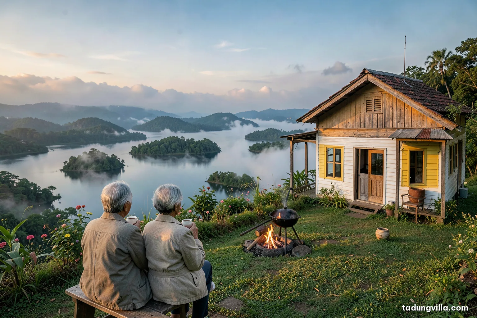 Elderly Vietnamese couple seen from behind sitting on a wooden porch bench wrapped in light jackets, sipping tea while morning mist drifts over a lake with small islands below
