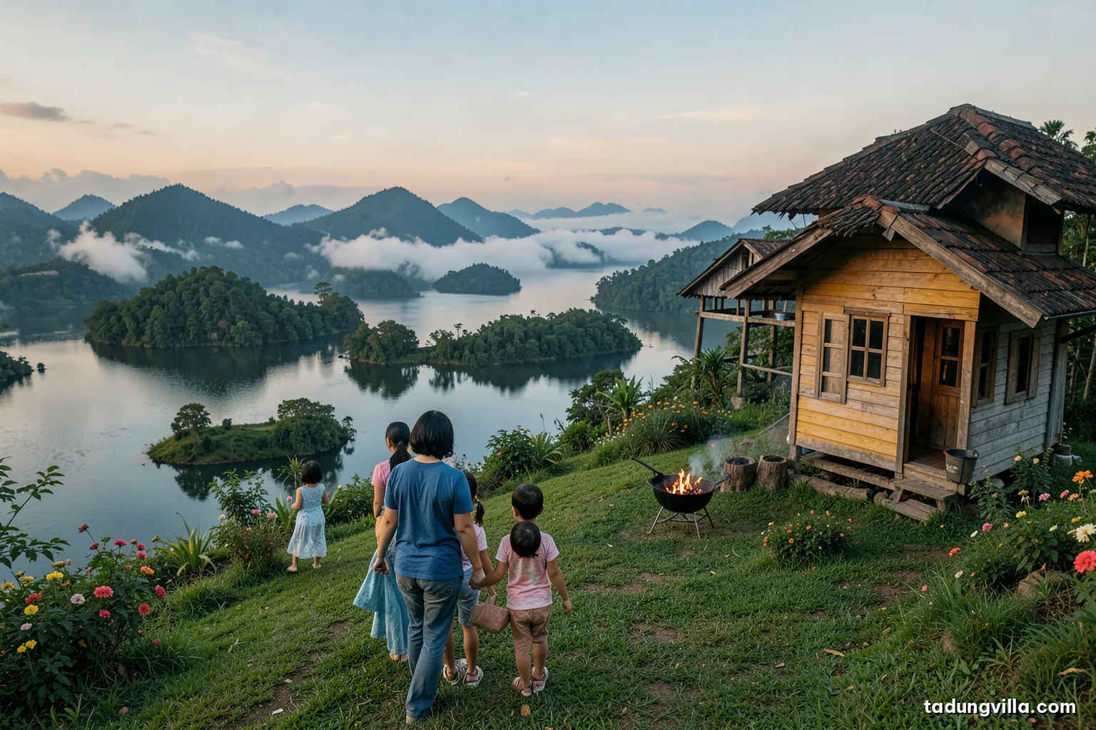 Young Vietnamese family seen from behind on a grassy hilltop lawn, toddler holding a parent's hand, wooden villa and flower beds nearby, calm lake with islets below, soft afternoon light
