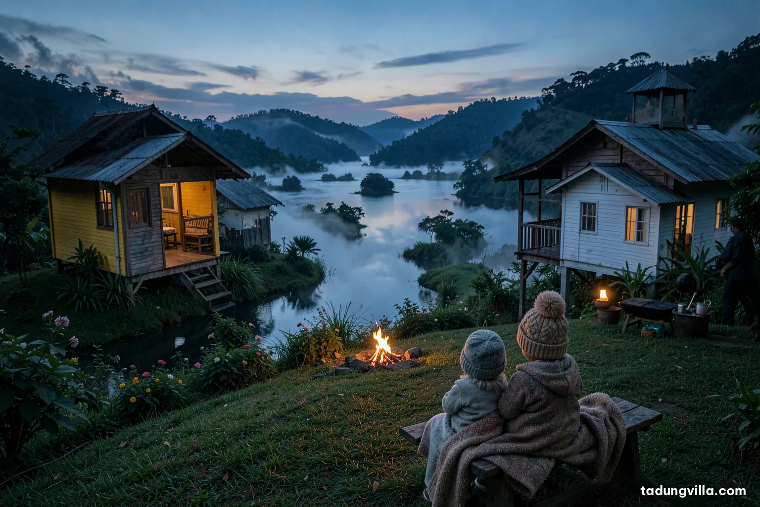 Grandmother and small child bundled in knit hats and a thick blanket on a porch bench at night, warm lamp glow behind, cold mist drifting over a dark hillside garden