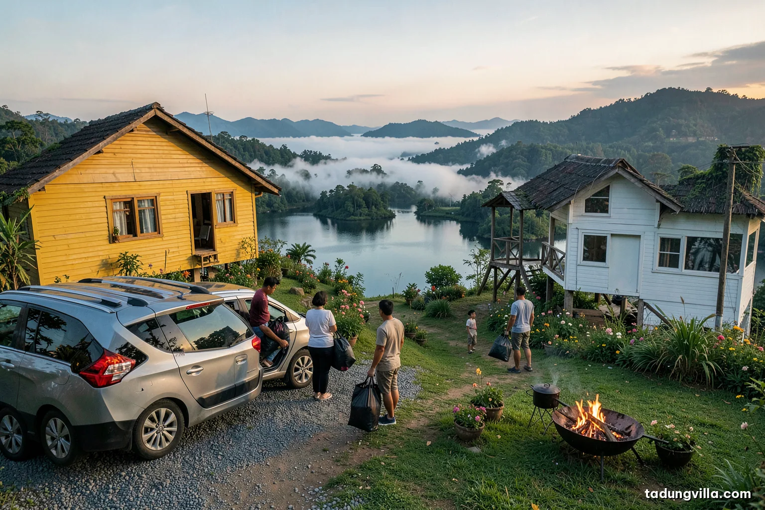 Early afternoon arrival at a hillside villa, a family unloading bags from a seven-seat car on a gravel driveway, yellow wooden house and flower beds behind