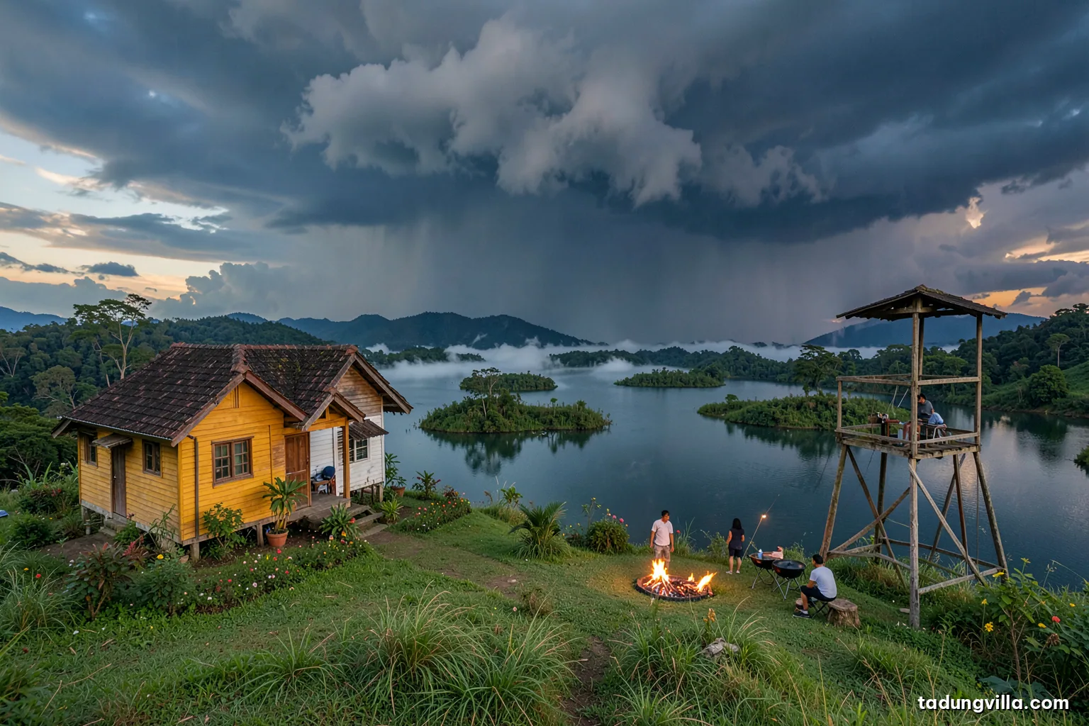 Dramatic towering storm cloud building over a wide reservoir in the afternoon, dark rain curtain in the distance, hilltop wooden villa and empty viewing tower in the foreground, wind-bent grass