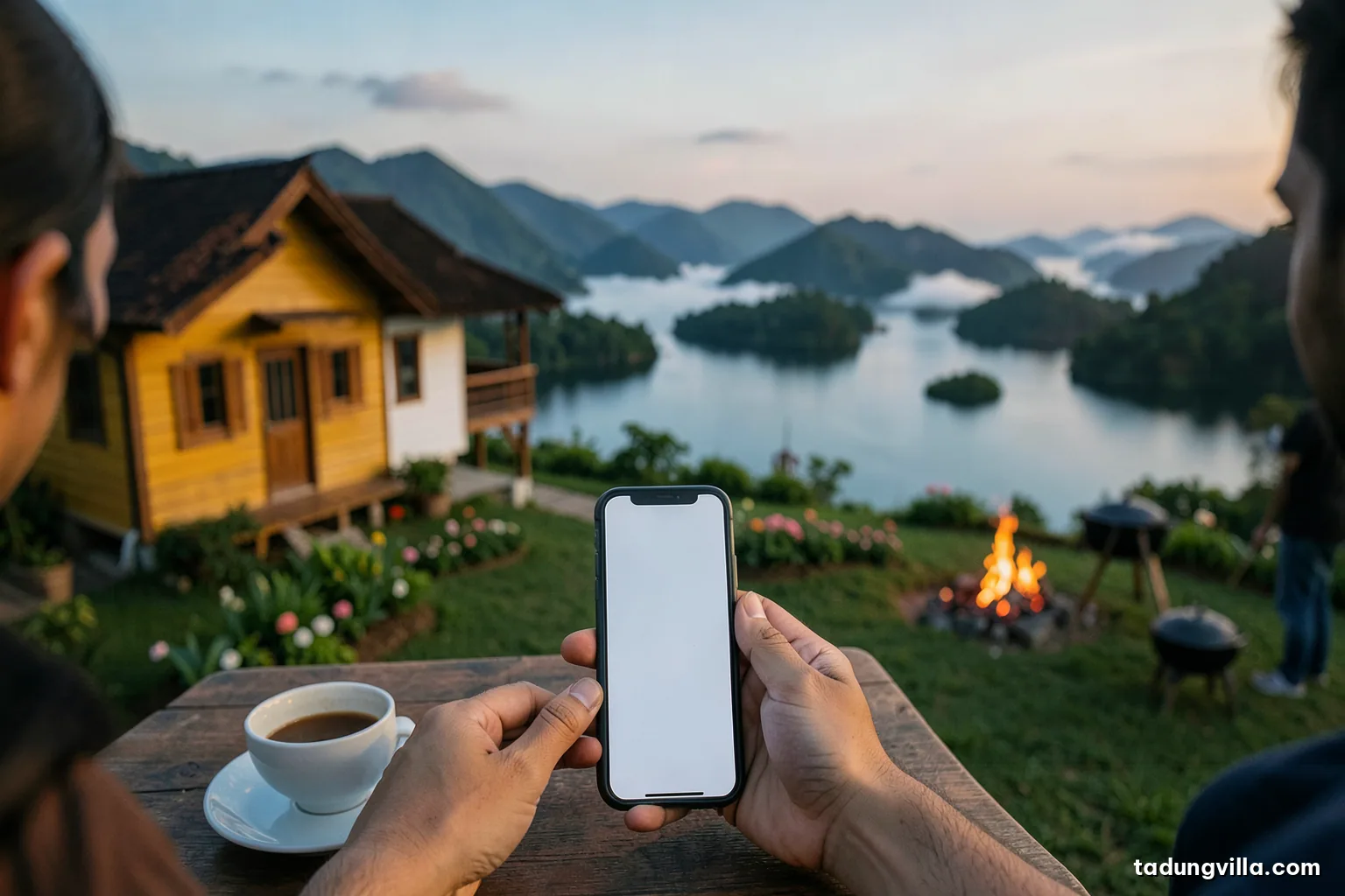 Close view of hands holding a smartphone with a blank screen on a wooden table beside a cup of coffee, lake and hills blurred behind, morning light