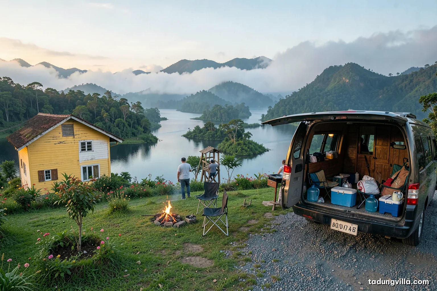 Open rear of a Vietnamese passenger van parked on a gravel yard beside a wooden villa, packed with coolers, folding chairs, water jugs and bags, misty hills in background, morning light
