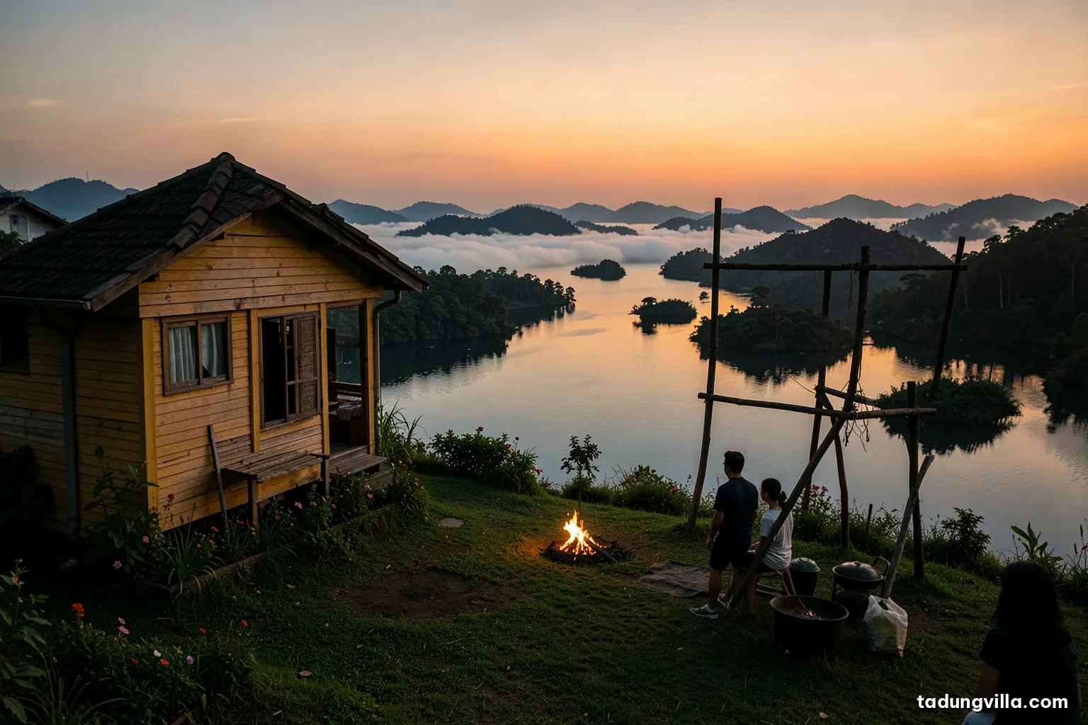 Silhouetted wooden viewing tower on a hilltop at sunset, three people seen from behind on its deck, orange sky reflected on a lake with scattered dark islets, long shadows on grass