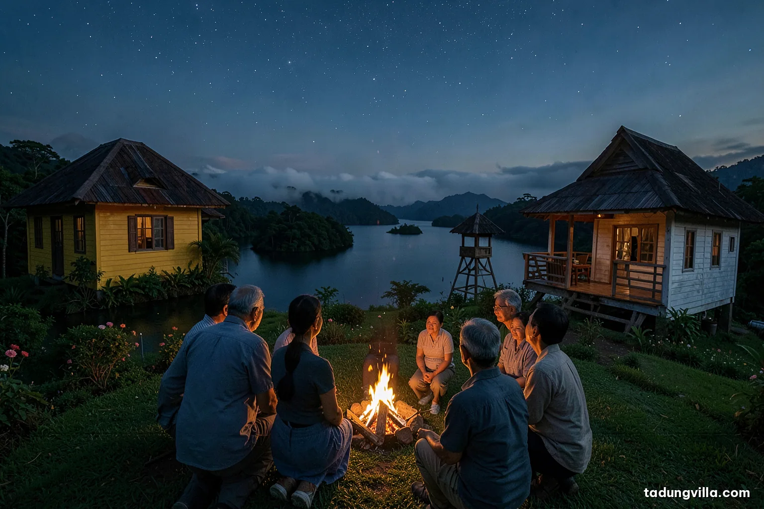 Group of Vietnamese friends in their forties seen from behind gathered around a bonfire on a hilltop lawn at night, two lit wooden villas nearby, starry sky over a dark lake