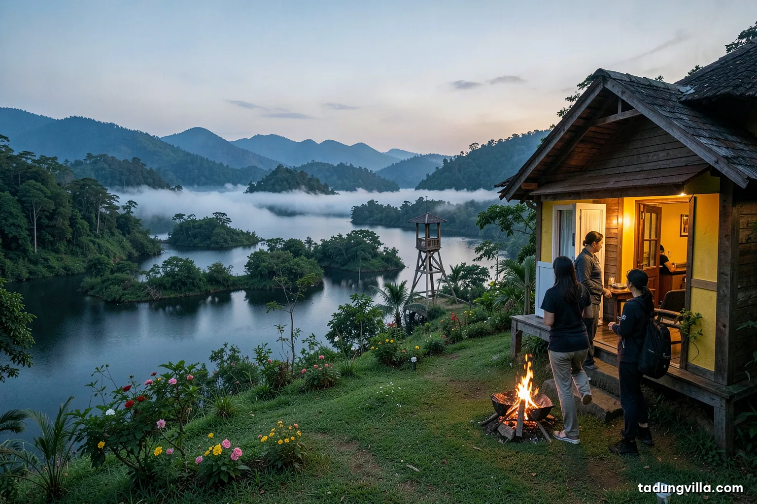 Evening arrival at a hillside villa entrance, a host seen from behind greeting a family with luggage under warm porch lights, misty hills beyond