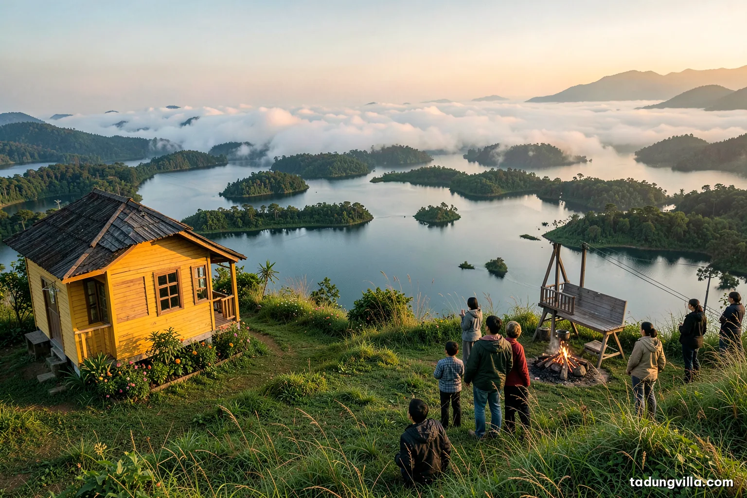 Late afternoon on a grassy hilltop above a vast reservoir dotted with green islets, wind bending tall grass, a family in jackets seen from behind watching the water, soft golden light