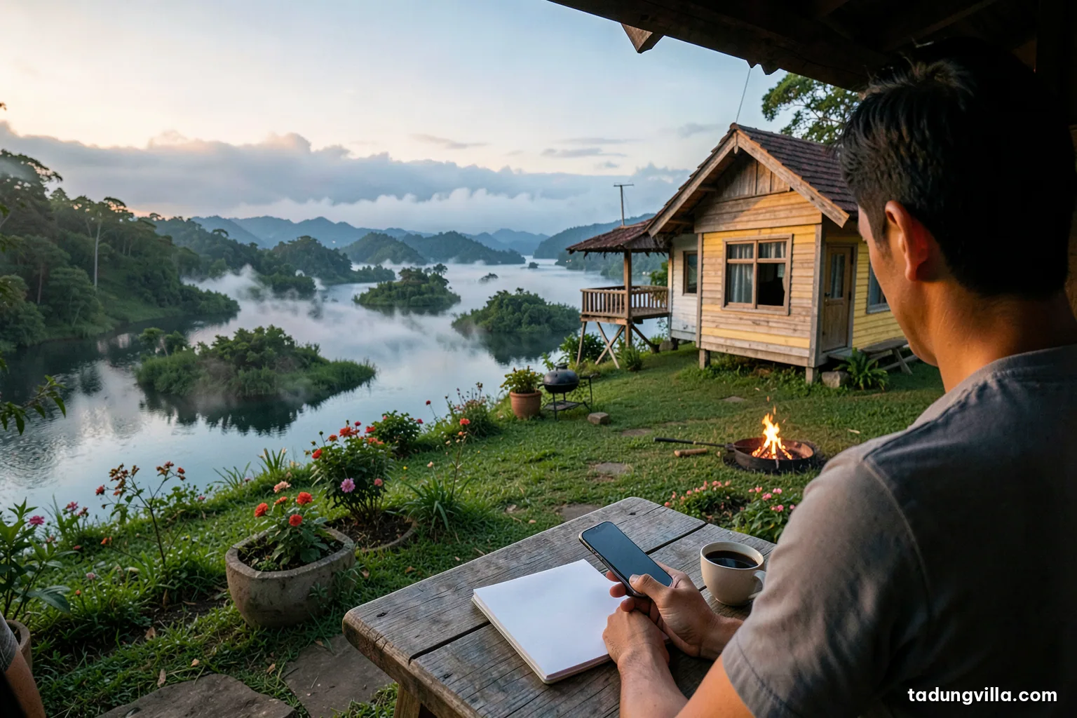 Over-the-shoulder view of a man at a wooden table on a villa porch comparing a blank notebook with a phone held face down, coffee cup, misty lake view