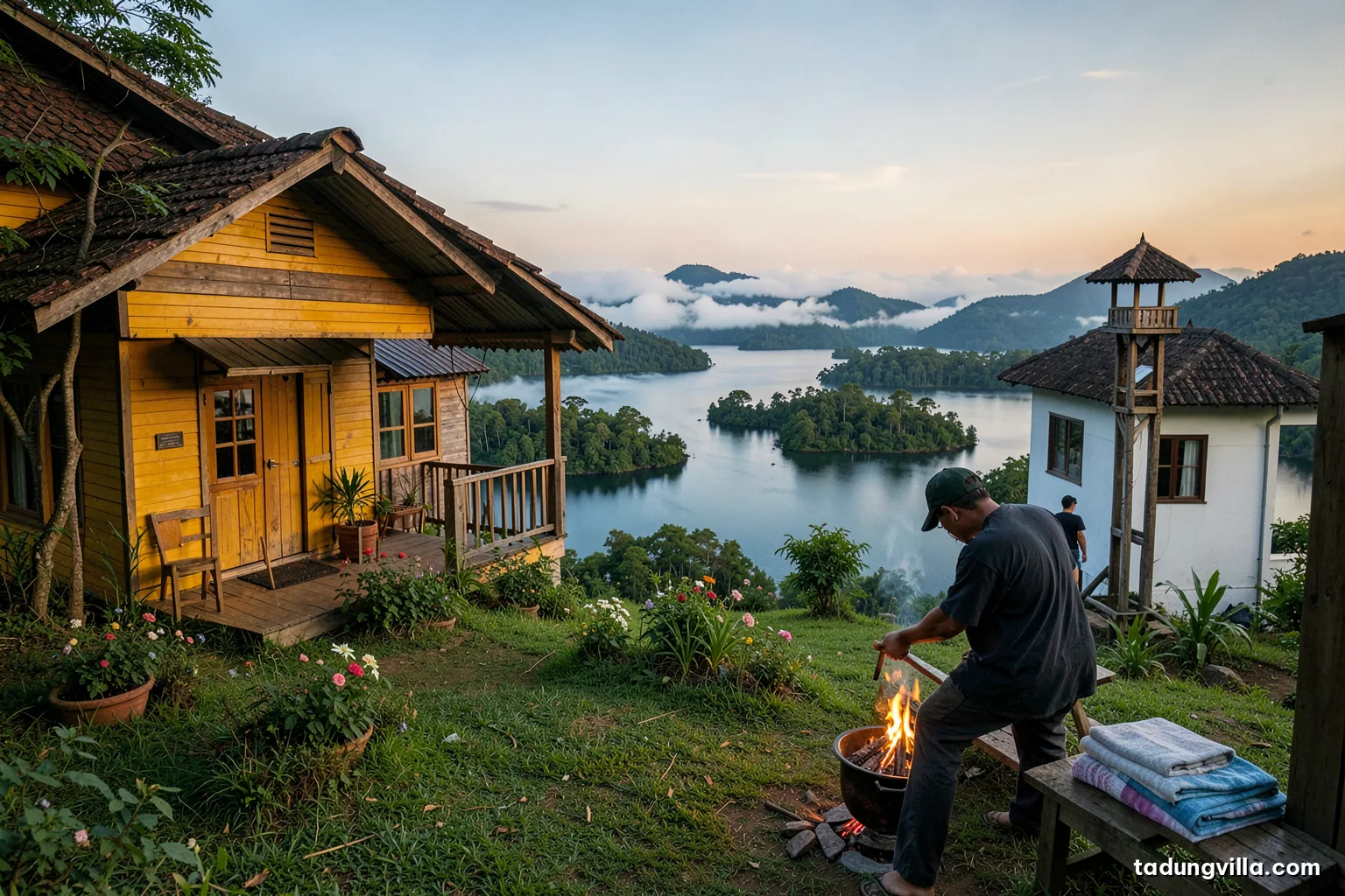 Owner seen from behind sweeping a wooden porch of a small hillside homestay in the morning, folded towels on a bench, reservoir and green islets in the distance