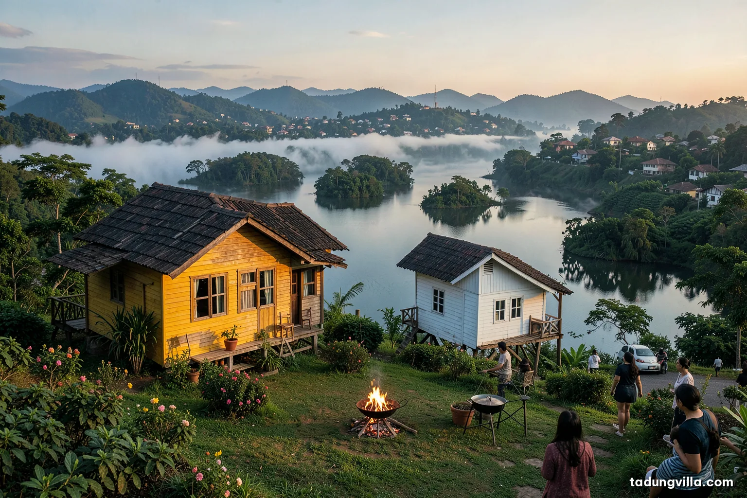 Highland town on rolling hills at late afternoon, low houses among coffee gardens and green trees around a calm lake, a family car on a quiet road, warm soft light