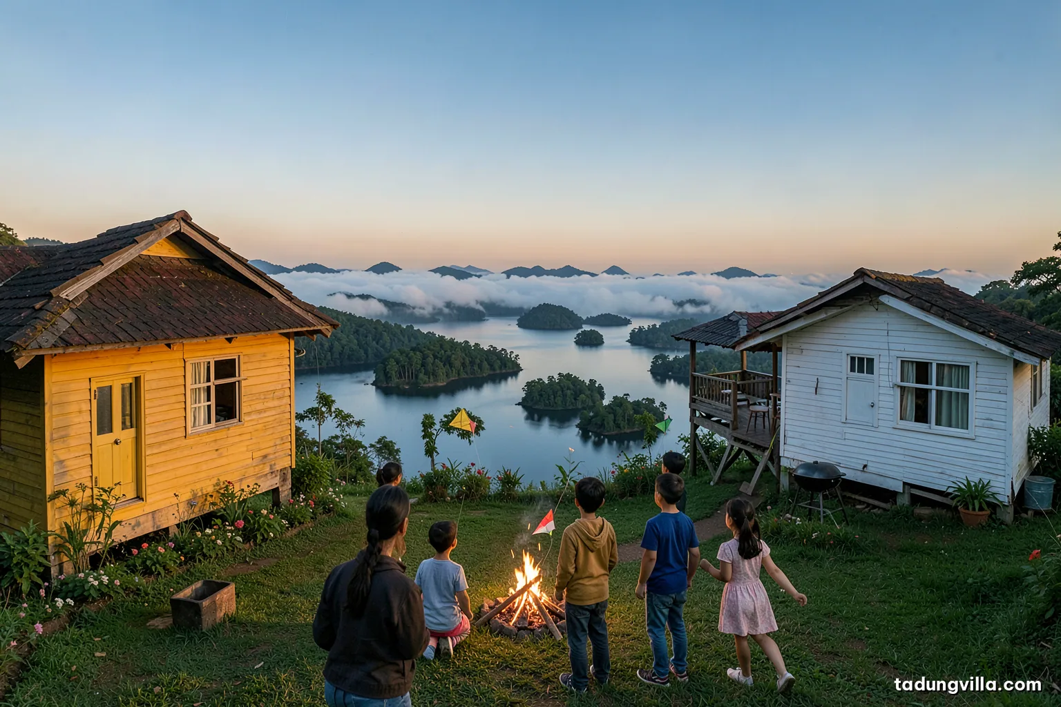 Extended family holiday at a hilltop villa, adults and children seen from behind on a lawn flying a small kite, two wooden houses and a wide reservoir with islets under a clear sky