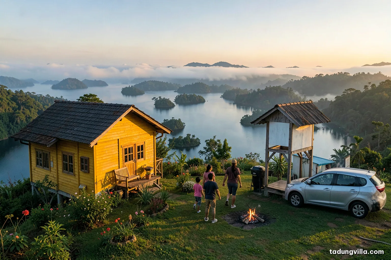 Two-day trip mood: a seven-seat car parked beside a yellow wooden villa on a hilltop at golden hour, family walking toward the garden, misty reservoir with islets below