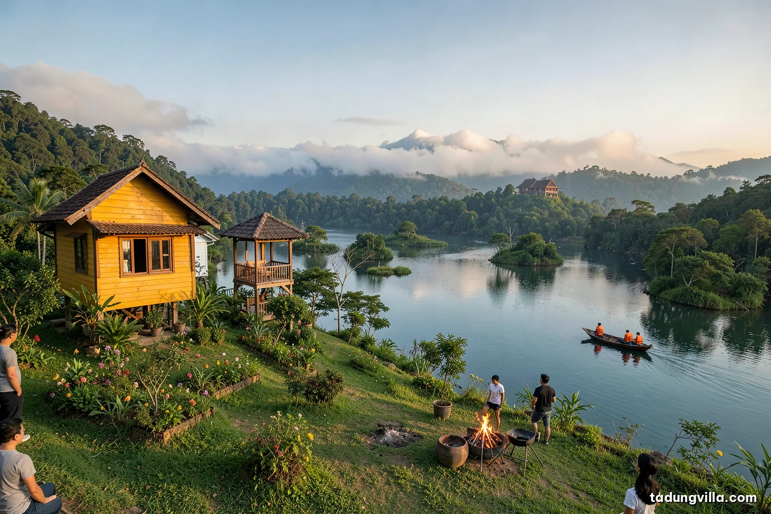 Midday on a calm reservoir among forested islets, a small wooden boat with passengers in orange life jackets seen from far, a hilltop with two wooden villas in the distance