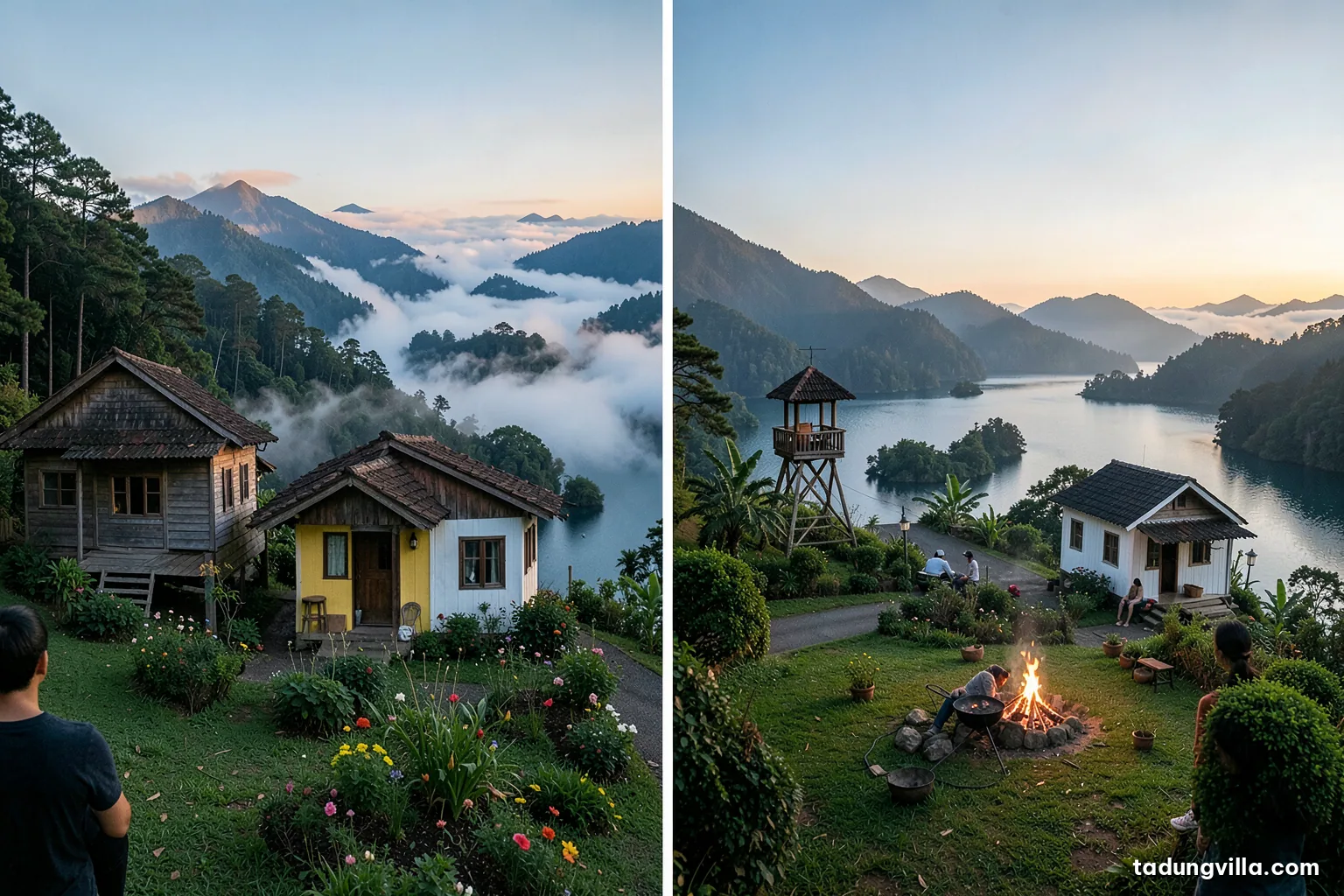 Two contrasting highland scenes merged: morning fog in a pine forest near Da Lat and a sunlit hilltop wooden villa above a blue reservoir, a family car on a winding road between them