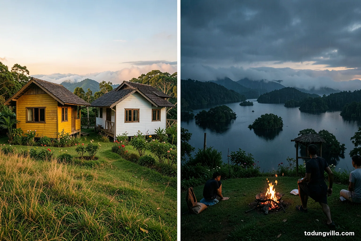 Split mood of a hilltop villa garden: bright dry season morning with golden grass on one side, a grey rainy afternoon over the reservoir on the other, wide landscape view