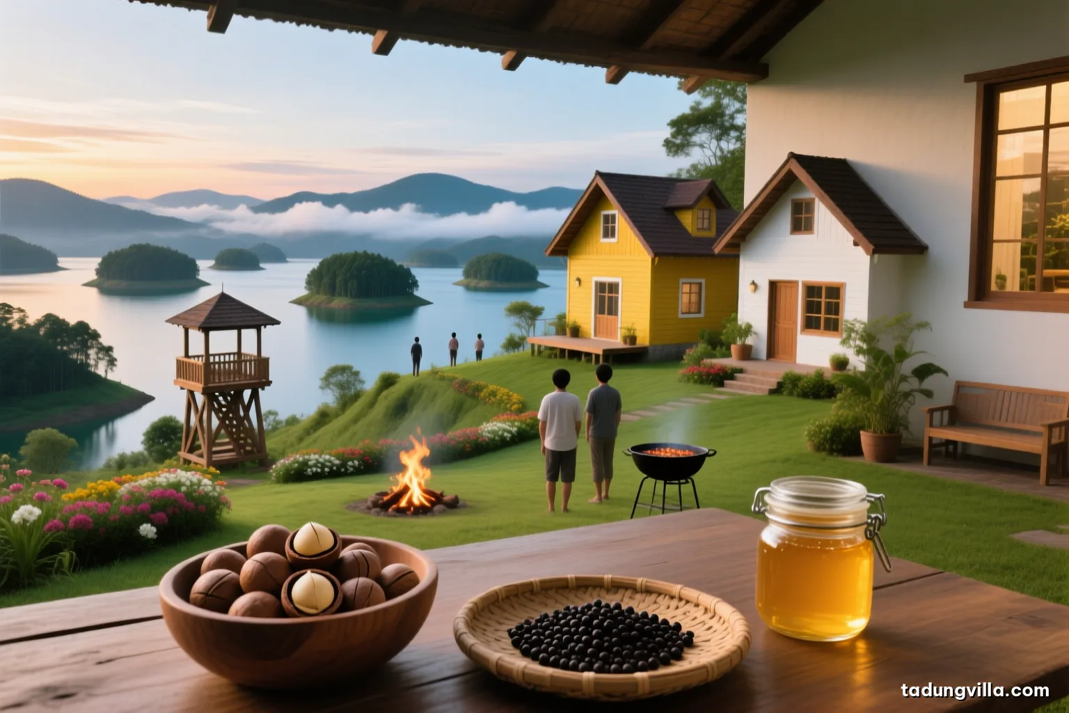 Still life on a farmhouse table of cracked macadamia nuts in a wooden bowl, black peppercorns on a woven tray and a glass jar of golden honey catching window light