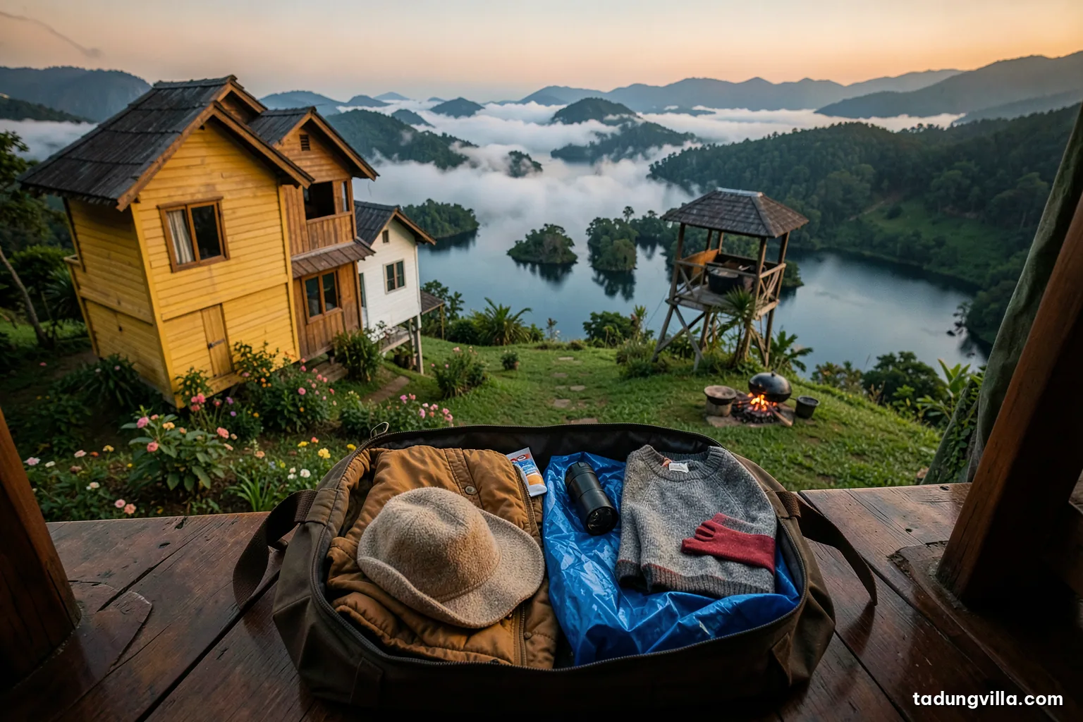 Top-down view of an open travel bag on a wooden villa floor, warm jacket, wool hat, rain poncho, flashlight, sunscreen tube and child sweater neatly arranged, morning window light