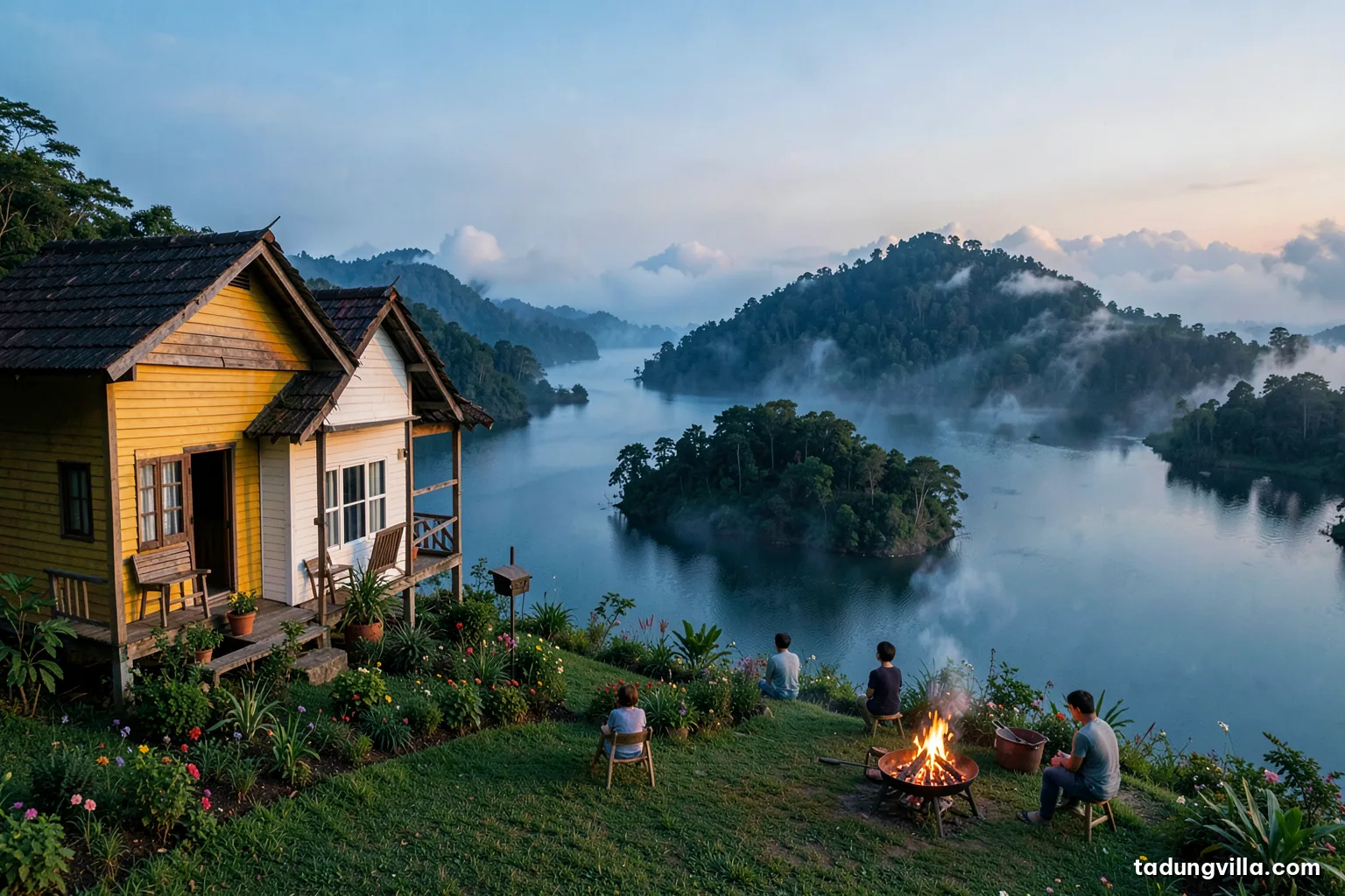 Wisps of steam fog rising like smoke from a calm reservoir surface at first light, dark wooded islet in the middle, cold blue tones turning warm at the edges, wide shot